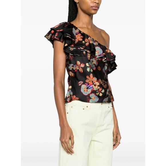 Ulla Johnson Adaleigh One Shoulder Floral Print Silk Top Black Size US 2 - Picture 3 of 12